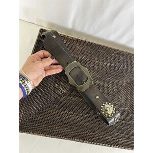 Y2K Oilily Brown Leather Belt‎ Italy Size SM 2" wide Studs Patch Western Buckle